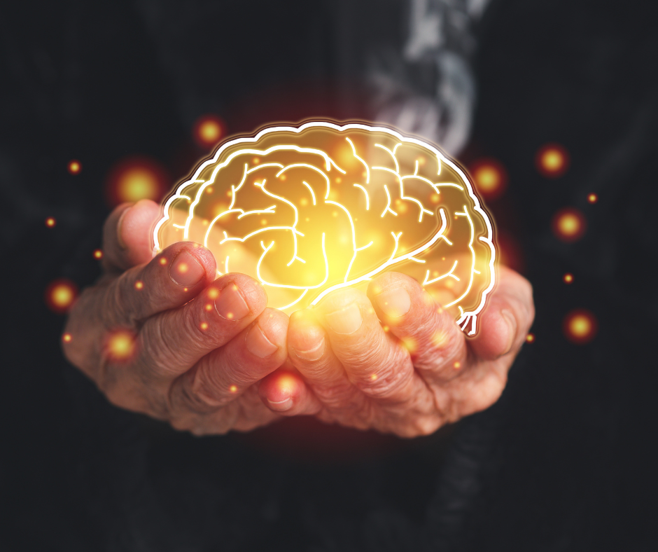 Illustration of a brain made of healthy foods and family connections.